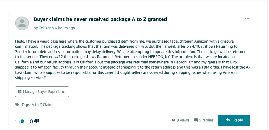 Buyer claims he never received package A to Z granted - NSFE Talkback -  Sellers Ask Sellers - Forum